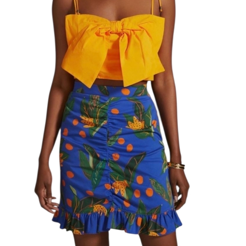 FARM Rio Blue Tropical Mini Skirt with Orange Floral Print